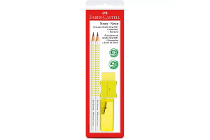 KIT ECOLAPIS GRIP AMARELO NEON+BORRACHA+APOTADOR FABER CASTELL